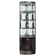 Vitrina esquinera para vinos con estantes de cristal y metal de varios niveles