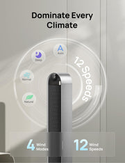 Ventilador de torre inteligente Dreo 25 dB más silencioso con control por voz, ventilador WiFi para Alexa, control por APP, ventilador de pie oscilante de 120°, 12 velocidades, 4 modos, temporizador de 12 horas, Pilot Max S