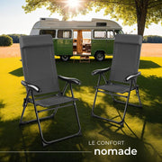 TecTake® Set de 4 sillas plegables de camping, sillón plegable gris, silla de playa ultraligera de aluminio con respaldo reclinable y reposacabezas, ideal para viajes, pesca, festivales, camping, playa, jardín