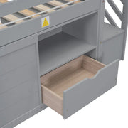 Cama alta baja de madera maciza con cajón y escalera, tamaño individual