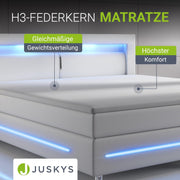 Cama boxspring Juskys Norfolk 180x200 cm - Iluminación LED, colchón Bonell y topper - 66 cm de altura de confort - blanco - Cama, cama doble, cama tapizada