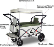 TOPWELL Carrito de transporte plegable de 180 l hasta 120 kg con 2 asientos plegables/techo/freno, carrito de transporte plegable con ruedas de poliuretano verde/beige