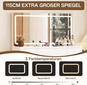 TRIUMPHKEY Tocador grande con espejo e iluminación LED de 115 cm, temperatura de color ajustable, tocador de 7 cajones con toma de corriente y taburete, 115x40x139 cm, blanco