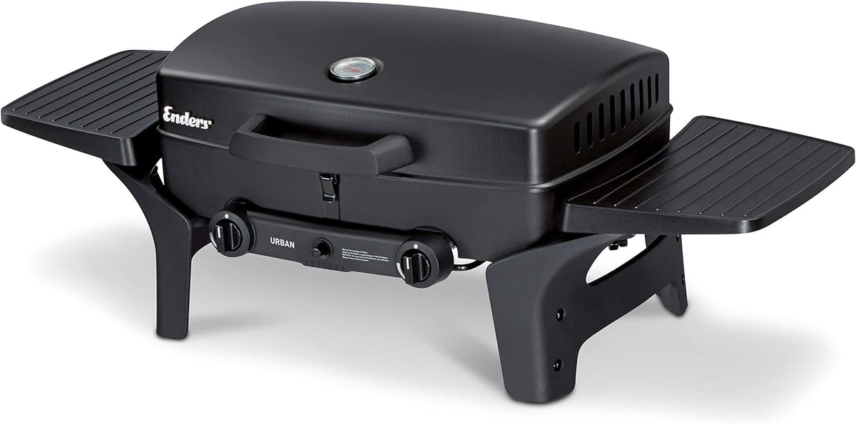 EndersGasgrill Urban II Pro, parrilla de mesa, función de asado, cocción y horneado, 2 quemadores de acero inoxidable, con termómetro para parrilla, parrilla para balcón y camping, carcasa de aluminio fundido, rejilla de hierro fundido, #2062