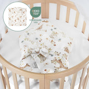 Cuna ovalada evolutiva Waldin, set completo 7 en 1, cuna de barrotes, cama infantil con colchón, cambiador, cuna colecho, madera blanca