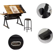 Mesa de dibujo de altura ajustable con taburete, escritorio inclinable de 0-75° con 2 cajones de almacenamiento, estación de trabajo para artistas para pintar, manualidades, escribir y dibujar