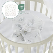 Cuna ovalada evolutiva Waldin, set completo 7 en 1, cuna de barrotes, cama infantil con colchón, cambiador, cuna colecho, madera blanca