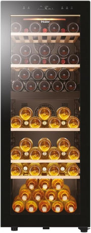 Vinoteca Haier SERIE 5 HWS79GDG I Bodega climatizada para 79 botellas I Nueva tecnología para un almacenamiento óptimo I Vinoteca de 2 zonas, puerta de cristal UV y 5 estantes de madera I Vinoteca de baja vibración