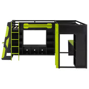 Litera tipo loft en forma de L para juegos con escritorios, litera doble con luces LED, puertos USB, estanterías de almacenamiento, cama alta esquinera de madera para 2 personas