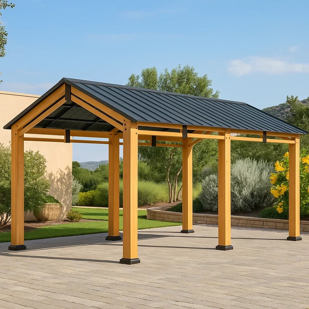 Cochera 603 x 335 x 290 cm marrón/negro madera con techo de metal