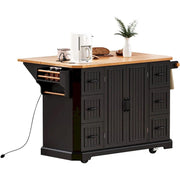 Isla de cocina extensible con alas abatibles, carrito de cocina sobre 4 ruedas con toma de corriente, mesa isla móvil con 2 puertas y 6 cajones
