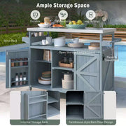 Isla de cocina para exteriores con cubierta de acero inoxidable, carrito de cocina de madera con puertas, estantes y especiero, isla de cocina con ruedas
