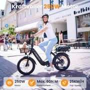 Bicicleta eléctrica plegable C20, fatbike de 20x3.0 con frenos hidráulicos, batería de 48V 15.6Ah hasta 120km, motor de 250W 25km/h, bicicleta eléctrica con pantalla LCD a color y Shimano de 7 velocidades para hombre y mujer