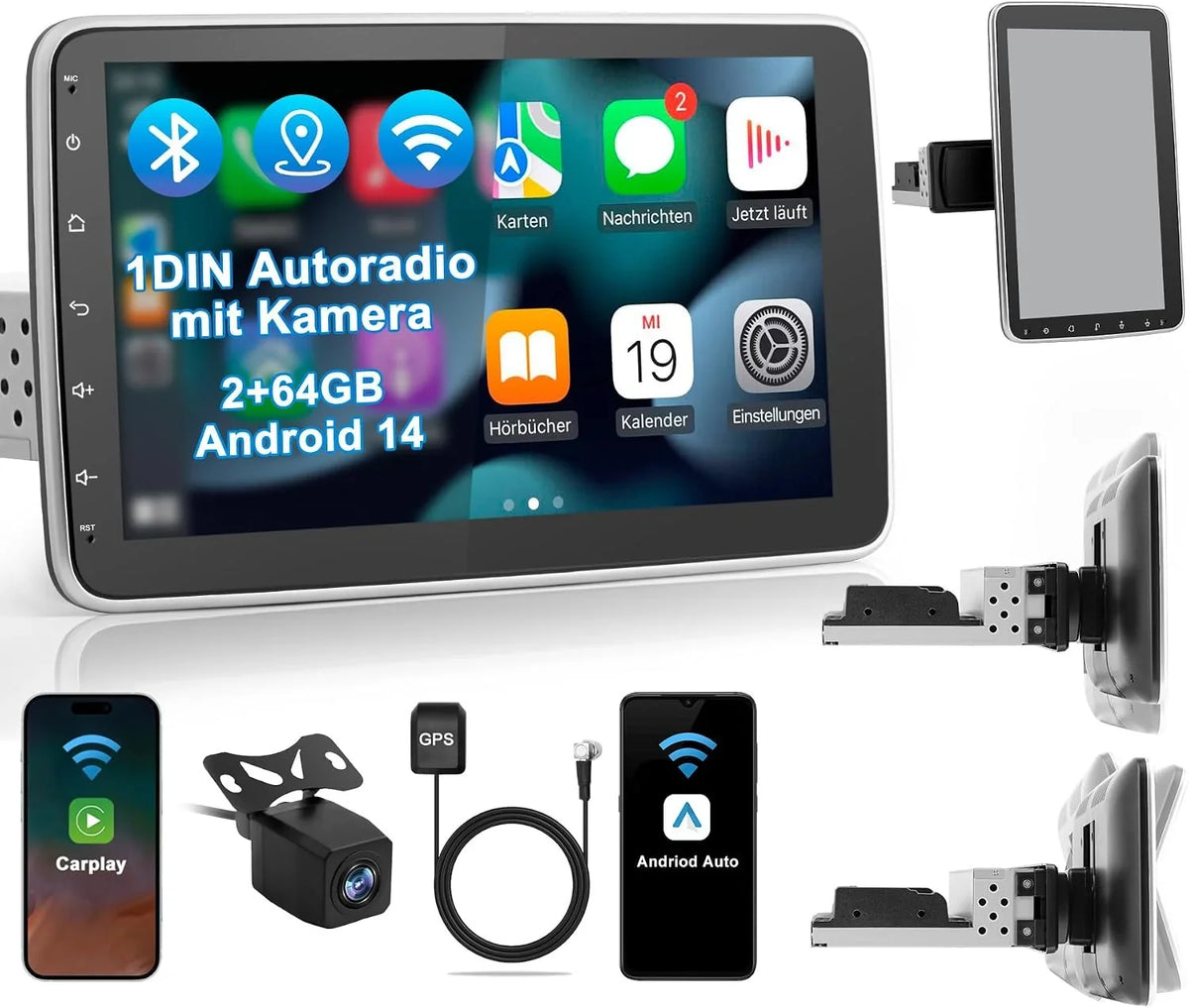 Autorradio 1 DIN con pantalla táctil de 10,1 pulgadas Android 14 2GB 64GB Bluetooth CarPlay Android Auto Navegación Cámara de visión trasera