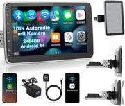 Autorradio 1 DIN con pantalla táctil de 10,1 pulgadas Android 14 2GB 64GB Bluetooth CarPlay Android Auto Navegación Cámara de visión trasera