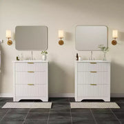 Conjunto de tocador de baño moderno estriado con lavabo de cerámica integrado, mueble de baño independiente con 3 cajones para baño contemporáneo
