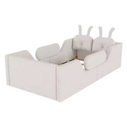 Cama plataforma doble Whisen, cama de suelo tapizada para niños con cojín de conejo, barandillas laterales extraíbles