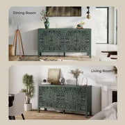 Aparador con almacenamiento, gabinete de almacenamiento con acabado desgastado, 4 puertas talladas y estante ajustable, mueble buffet de madera decorativo