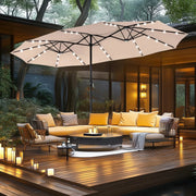 Sombrilla de mercado para exteriores de doble cara MAISON ARTS de 15 pies, rectangular, con manivela, luces LED solares y base incluida