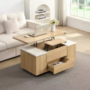 Mesa de centro elevable moderna multifuncional Zeus & Ruta con almacenamiento oculto, 4 taburetes y ruedas, perfecta para espacios modernos