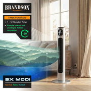 Brandson - Ventilador de torre con mando a distancia 96 cm - Galardonado 2026 - ventilador móvil silencioso - ventilador de pie oscilante - 3 velocidades 3 modos temporizador - ventilador con certificación GS - Plateado acero