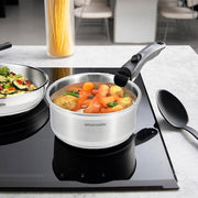 AM5535 : Batería de cocina de 15 piezas Arthur Martin, sartenes y cacerolas de acero inoxidable con accesorios, interior pulido espejo, compatible con todas las fuentes de calor, incluida inducción, color cromo