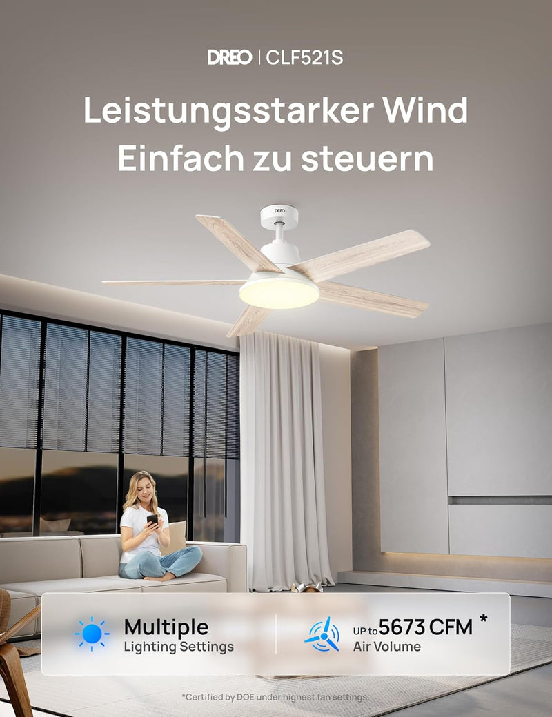 Ventilador de techo inteligente DREO con luz, 132 cm, 12 velocidades, 3 modos, iluminación LED de intensidad regulable, motor CC silencioso, temporizador de 12 horas, control remoto/APP/Alexa, para interiores, blanco