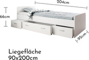 Cama individual moderna Boro con 3 cajones 90 x 200 cm - Práctica cama tipo litera para habitación juvenil en blanco - 95 x 66 x 204 cm (ancho/alto/fondo)