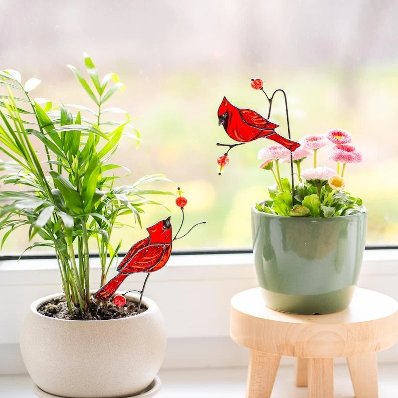 Pájaro de cristal rojo pintado a mano para arreglos de plantas y decoración del hogar