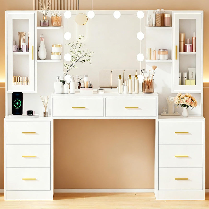 ANWBROAD 150cm Tocador grande con iluminación LED ajustable de 3 colores y enchufes, tocador moderno con espejo, 8 cajones, 6 estantes abiertos, mesa de maquillaje blanco BDT67W