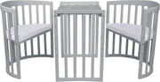 Cuna ovalada evolutiva Waldin, set completo 7 en 1, cuna de barrotes, cama infantil con colchón, cambiador, cuna colecho, madera blanca