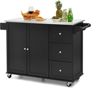 KOMFOTTEU Isla de cocina móvil con encimera de acero inoxidable, carrito de cocina con 3 cajones, toallero y estante ajustable, carrito con ruedas, 135 x 45,5 x 91,5 cm negro