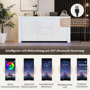 Aparador ModernLuxe LED de alto brillo para salón, armario auxiliar de 140x40x65 cm, 3 cajones y 2 puertas, cómoda moderna con almacenamiento para recibidor, oficina y salón, blanco