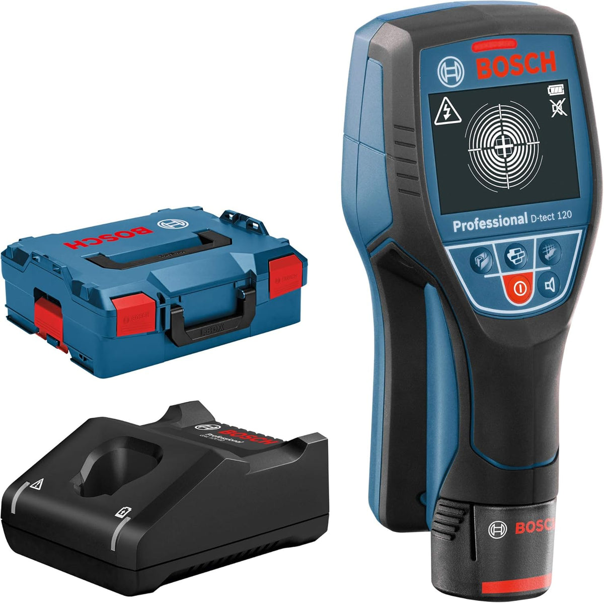 Detector de materiales Bosch Professional System D-tect (1 batería de 12 V, profundidad máx. de detección en tubos de plástico/subestructuras de madera/cables bajo tensión/metales ferrosos: 60/38/60/120/120 mm, L-Boxx)