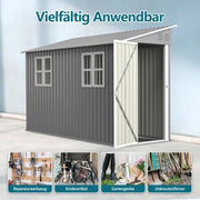 Cobertizo de metal para herramientas de 4 x 10 pies, diseño adosado, caseta con ventana y techo inclinado, cobertizo de acero resistente a la intemperie como garaje para 2-3 bicicletas, arcón para cubos de basura y caseta de jardín, con cerradura, gris