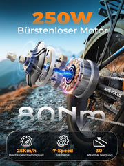 VARUN E Bike, E-Bike Herren mit 26 * 4.0' Fat Tire, 48V 18AH Akku, Bis zu 150 KM, 85Nm 250W Motor, 25KM/H, Offroad Ebike Mountainbike mit 7-Gang, All-Terrain Elektrofahrrad Herren, EU-Konformes