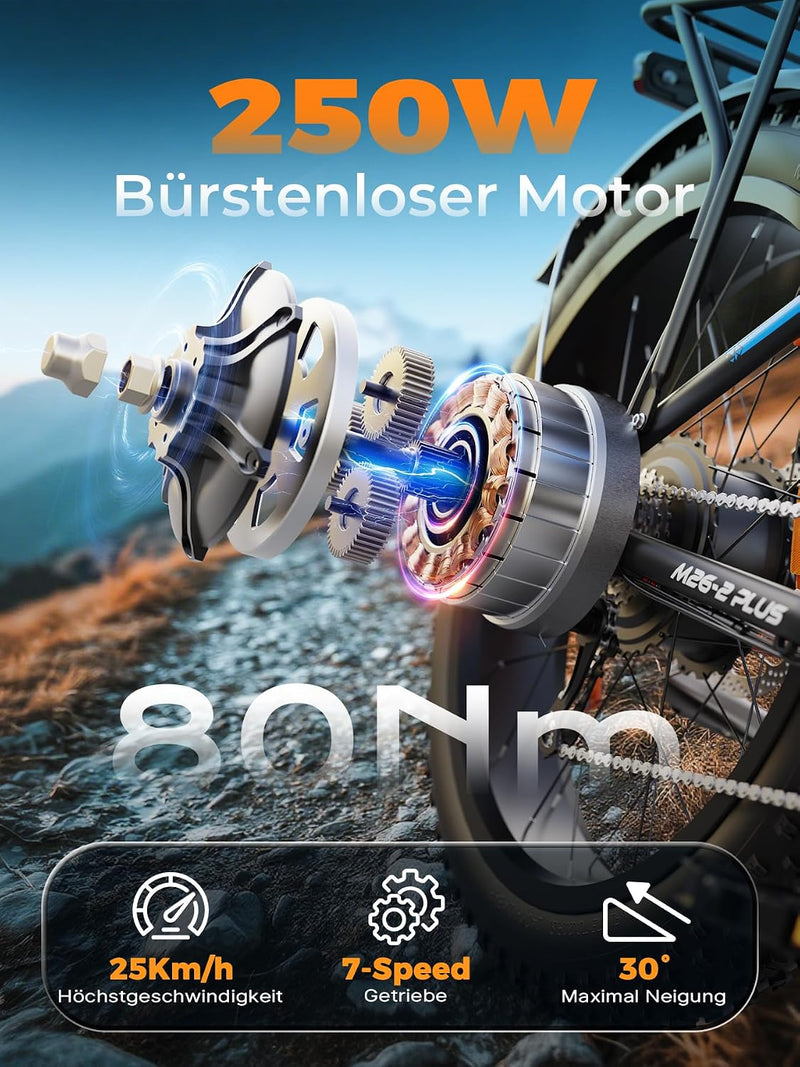 VARUN E Bike, E-Bike Herren mit 26 * 4.0' Fat Tire, 48V 18AH Akku, Bis zu 150 KM, 85Nm 250W Motor, 25KM/H, Offroad Ebike Mountainbike mit 7-Gang, All-Terrain Elektrofahrrad Herren, EU-Konformes