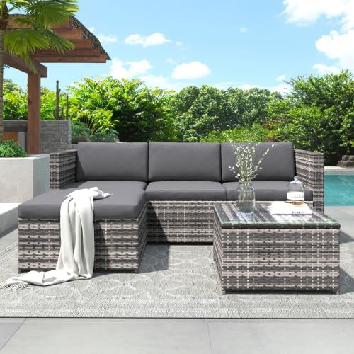 Set de salón de poliratán, juego de muebles de jardín para balcón para 3-4 personas, conjunto de asientos para jardín con sofá de 3 plazas, taburete, cojines y mesa de cristal, muebles de terraza, sofá esquinero, para jardín, balcón y terraza (gris)
