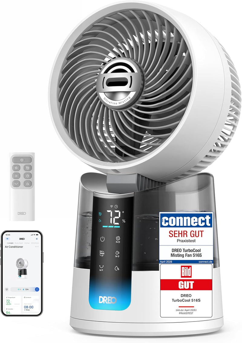 Ventilador nebulizador DREO TurboCool 516S, ventilador de mesa con oscilación de 150°+30°, enfriador evaporativo, 7.9 m/s, niebla ultrafina, 20 dB silencioso, 6 velocidades, 2 modos, control por app y mando a distancia, RGB, blanco