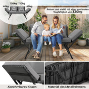 Banco de jardín LIFERUN de poliratán con función de reclinado, mueble de poliratán para 2 personas, sofá de jardín de ratán con reposabrazos ajustables, banco de jardín resistente a la intemperie para terraza, jardín, balcón (negro), 2 cojines incluidos