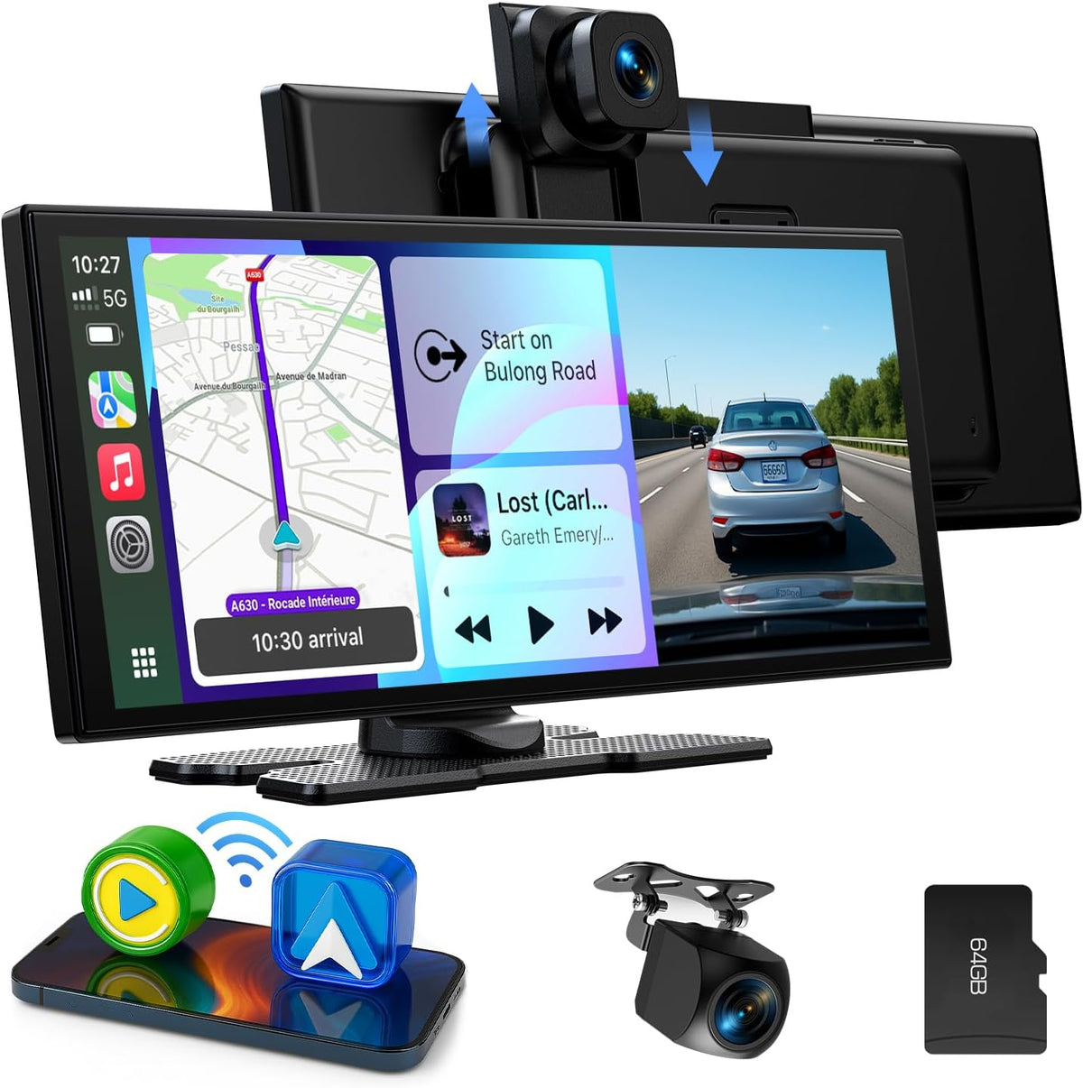 LAMTTO Pantalla CarPlay para coche inalámbrica de 10,25 pulgadas, autorradio estéreo con Android Auto, cámara frontal 2,5K, cámara trasera 1080P, navegación, Bluetooth, FM, AUX, grabación en bucle, tarjeta TF de 64 GB
