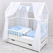 Set completo de cuna Baby Delux, cama casita de 60x120 cm, color blanco, con cajón, barrera anticaídas, colchón, ropa de cama y set de decoración (Prince Stars)