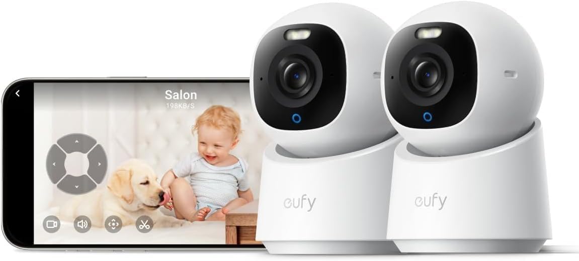 Cámara de seguridad para interiores E30 de eufy, paquete de 2, cámara de vigilancia 4K UHD, giro e inclinación de 360°, visión nocturna a color, detección por IA, seguimiento automático, funciona con HomeKit