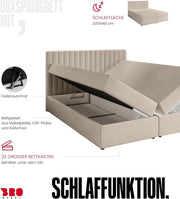 Cama boxspring BROMARKT con arcón, cama tapizada con colchón Bonnell y topper, cama doble con espacio de almacenamiento para dormitorio, cabecero acolchado Dream 140x200, grado de firmeza H3, tejido de terciopelo beige
