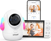 Cámara para bebé ieGeek 2.5K con detección de rostro oculto | Pantalla HD de 5.5'' | Visión nocturna | Wi-Fi 2.4G/5G | Batería de larga duración de 4000 mAh | Vigilancia de movimiento