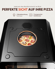 Horno para pizza eléctrico 450°C – Pizza napolitana en 90 segundos, ventana de visualización e iluminación interior, 6 programas y 6 modos de cocción, modo de chef profesional, pala para pizza, piedra para pizza y bandeja de horno, plateado