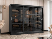 Armario Mirjan24 Norlio con puertas de cristal y cajones, armario de puertas correderas con cristal ahumado, armario con estantes y barra para colgar, ropero (Negro, sin iluminación)