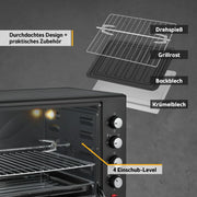 Minihorno TZS First Austria 60 L 2000 W, horno para pizza, 230 °C, 6 modos, temporizador de 60 min, 4 alturas de inserción, bandeja de horno, rejilla, asador giratorio, A++