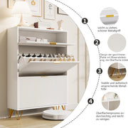 Zapatero blanco con diseño ondulado, zapatero estrecho con 2 puertas abatibles y 1 estante, 80x24x118,5 cm, armario de recibidor moderno con patas de metal dorado, estantería para zapatos que ahorra espacio para pasillo y entrada