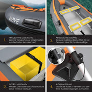 KESSER® Bote neumático Wave 230-320 cm set de 6 piezas inflable – Bote + banco, bomba de aire, remos, kit de reparación, bolsa, bote de pesca, bote de remo pequeño y grande - opción de combinación con motor, apto para agua salada